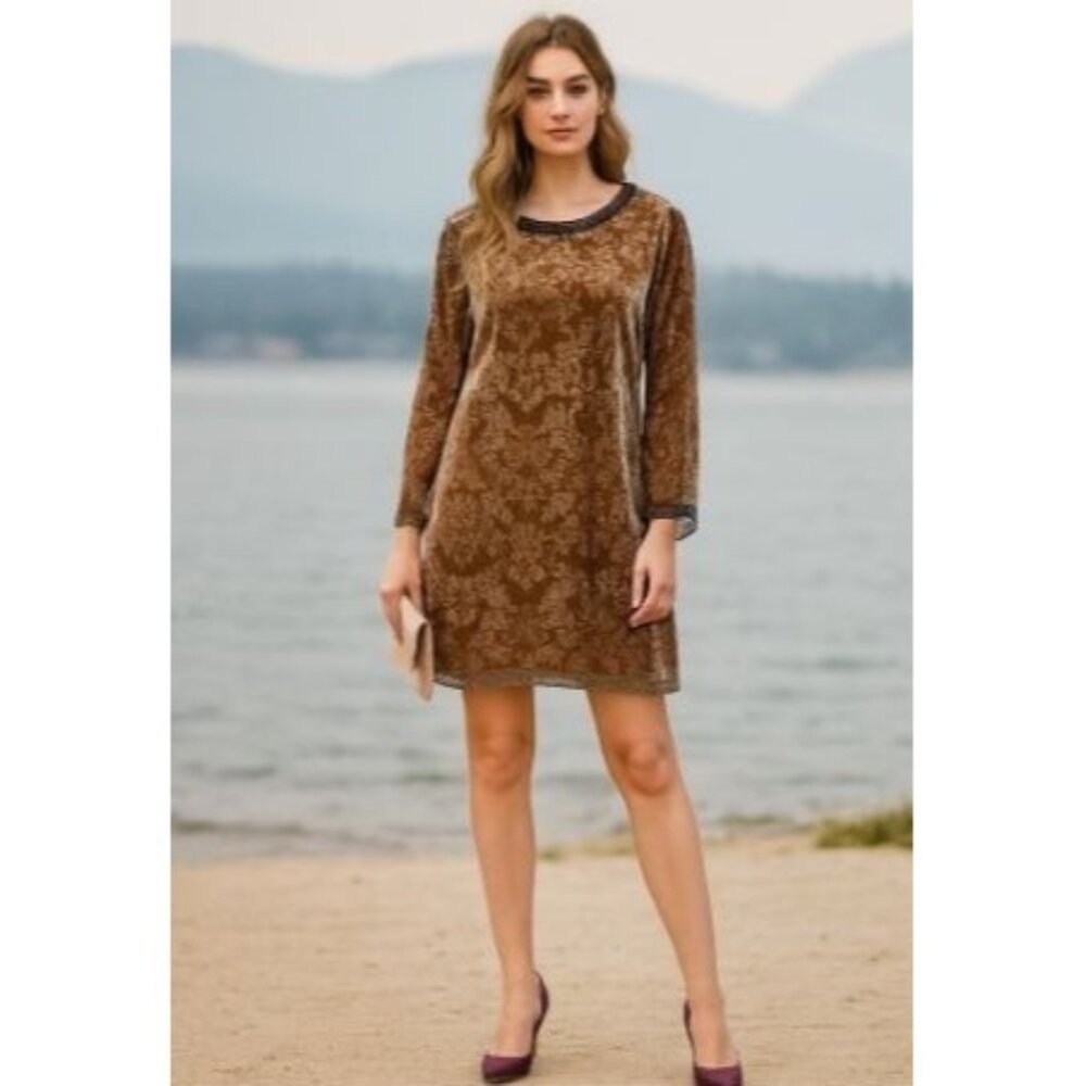 Sundance Champagne Crushed Velvet Silk Dress Bead Accent Sheer Sleeves 12 Elegan